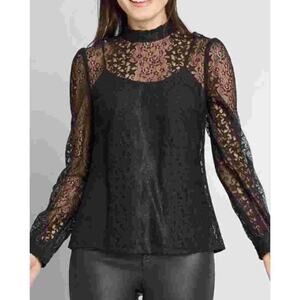 Modcloth Sheer Lace Overlay Top Womens XL Black Long Sleeve Star Whimsigoth
